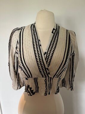 Anthropologie Black and Cream Geometric Wrap Crop Blouse